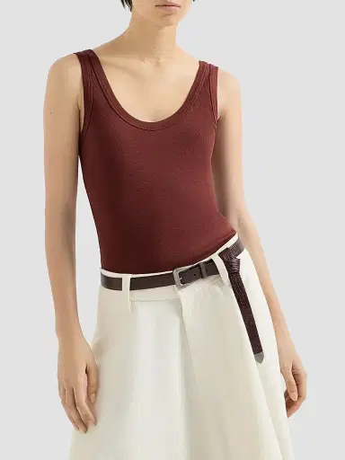 Brunello Cucinelli Women's Stretch Cotton Ribbed Jersey Top with Monili - Wine | Thumbnail 2 Brunello Cucinelli Women's Stretch Cotton Ribbed Jersey Top with Monili - Wine | Thumbnail 2