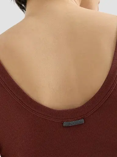 Brunello Cucinelli Women's Stretch Cotton Ribbed Jersey Top with Monili - Wine | Thumbnail 4 Brunello Cucinelli Women's Stretch Cotton Ribbed Jersey Top with Monili - Wine | Thumbnail 4