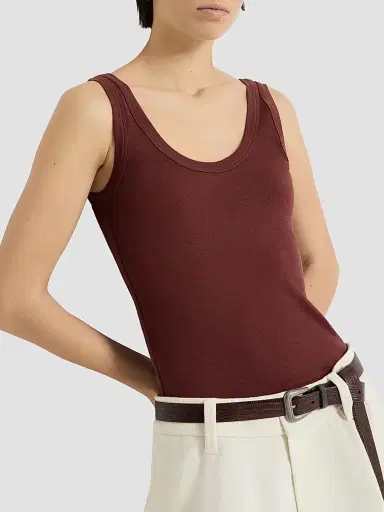 Brunello Cucinelli Women's Stretch Cotton Ribbed Jersey Top with Monili - Wine | Thumbnail 5 Brunello Cucinelli Women's Stretch Cotton Ribbed Jersey Top with Monili - Wine | Thumbnail 5