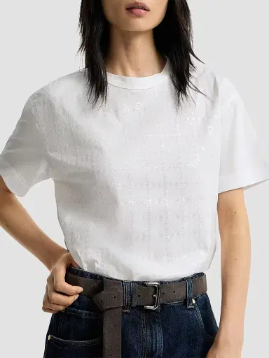 Brunello Cucinelli Women's Cotton Jersey T-Shirt with Dazzling Windowpane Embroidery - White | Thumbnail 5 Brunello Cucinelli Women's Cotton Jersey T-Shirt with Dazzling Windowpane Embroidery - White | Thumbnail 5