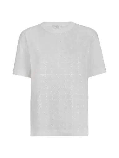 Brunello Cucinelli Women's Cotton Jersey T-Shirt with Dazzling Windowpane Embroidery - White | Thumbnail 1 Brunello Cucinelli Women's Cotton Jersey T-Shirt with Dazzling Windowpane Embroidery - White | Thumbnail 1
