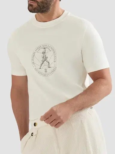 Brunello Cucinelli Men's Cotton Jersey Crew-Neck T-Shirt with Print - Off White | Thumbnail 5 Brunello Cucinelli Men's Cotton Jersey Crew-Neck T-Shirt with Print - Off White | Thumbnail 5
