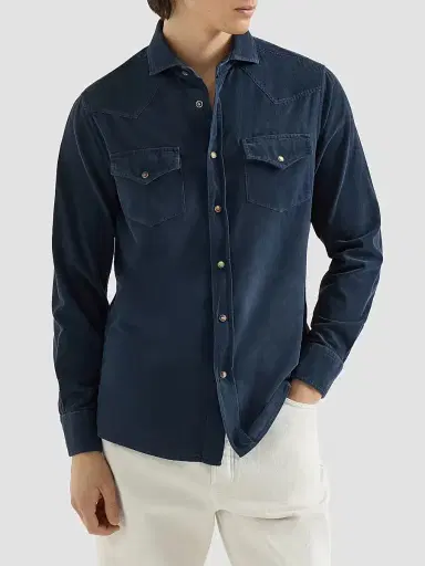 Brunello Cucinelli Men's Garment Dyed Easy Fit Western Shirt | Thumbnail 2 Brunello Cucinelli Men's Garment Dyed Easy Fit Western Shirt | Thumbnail 2