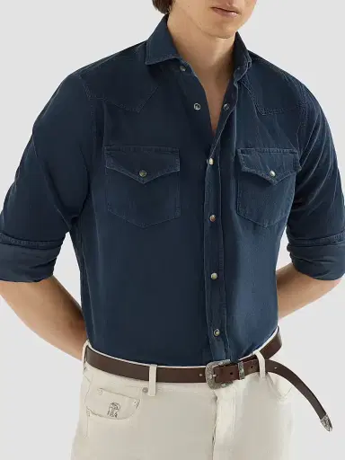 Brunello Cucinelli Men's Garment Dyed Easy Fit Western Shirt | Thumbnail 5 Brunello Cucinelli Men's Garment Dyed Easy Fit Western Shirt | Thumbnail 5