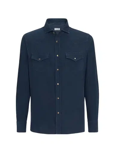 Brunello Cucinelli Men's Garment Dyed Easy Fit Western Shirt | Thumbnail 1 Brunello Cucinelli Men's Garment Dyed Easy Fit Western Shirt | Thumbnail 1