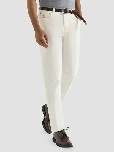 Brunello Cucinelli Men's Five-Pocket Italian Fit Trousers in Cotton Narrow Wale Corduroy - Snow | Thumbnail 2 Brunello Cucinelli Men's Five-Pocket Italian Fit Trousers in Cotton Narrow Wale Corduroy - Snow | Thumbnail 2
