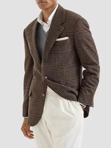 Brunello Cucinelli Men's Cashmere Prince of Wales Tailor Blazer - Chestnut | Thumbnail 2 Brunello Cucinelli Men's Cashmere Prince of Wales Tailor Blazer - Chestnut | Thumbnail 2