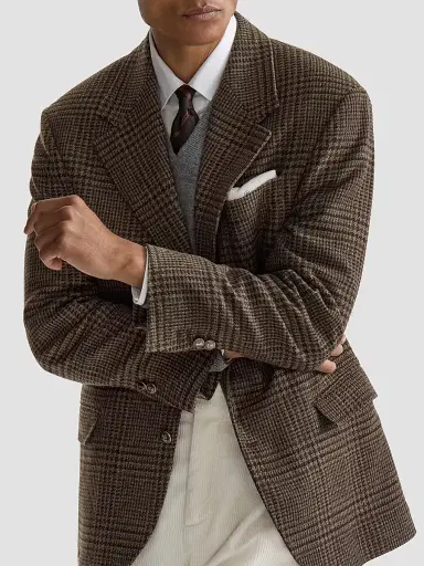 Brunello Cucinelli Men's Cashmere Prince of Wales Tailor Blazer - Chestnut | Thumbnail 4 Brunello Cucinelli Men's Cashmere Prince of Wales Tailor Blazer - Chestnut | Thumbnail 4