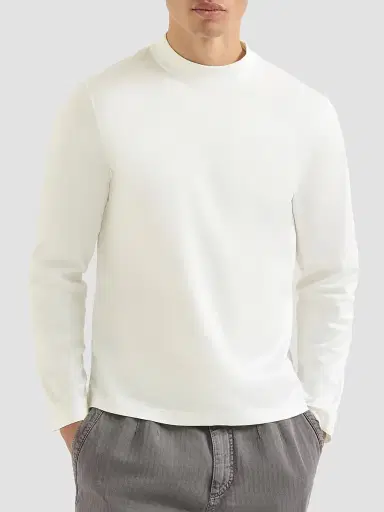 Brunello Cucinelli Men's Cotton Jersey Long Sleeve Mock Neck T-Shirt - Off White | Thumbnail 2 Brunello Cucinelli Men's Cotton Jersey Long Sleeve Mock Neck T-Shirt - Off White | Thumbnail 2