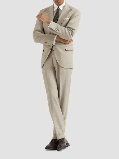 Brunello Cucinelli Men's Virgin Wool Mouliné Twill Trousers with Pleats - Beige | Thumbnail 2 Brunello Cucinelli Men's Virgin Wool Mouliné Twill Trousers with Pleats - Beige | Thumbnail 2