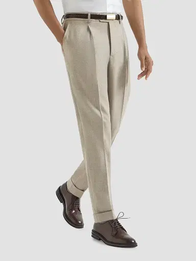 Brunello Cucinelli Men's Virgin Wool Mouliné Twill Trousers with Pleats - Beige | Thumbnail 3 Brunello Cucinelli Men's Virgin Wool Mouliné Twill Trousers with Pleats - Beige | Thumbnail 3
