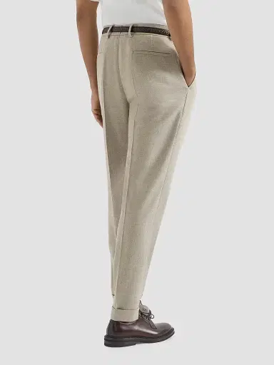 Brunello Cucinelli Men's Virgin Wool Mouliné Twill Trousers with Pleats - Beige | Thumbnail 4 Brunello Cucinelli Men's Virgin Wool Mouliné Twill Trousers with Pleats - Beige | Thumbnail 4