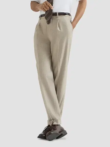 Brunello Cucinelli Men's Virgin Wool Mouliné Twill Trousers with Pleats - Beige | Thumbnail 5 Brunello Cucinelli Men's Virgin Wool Mouliné Twill Trousers with Pleats - Beige | Thumbnail 5