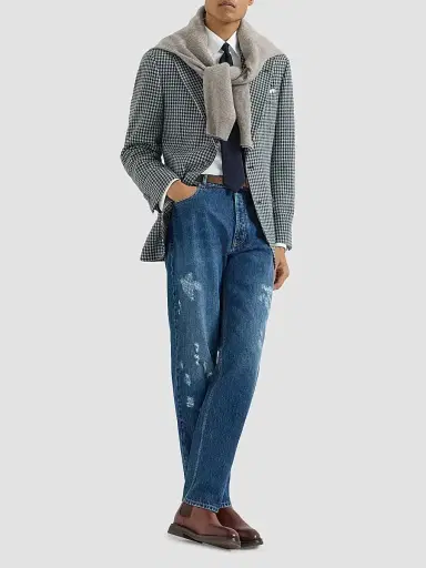 Brunello Cucinelli Men's Cashmere Macro Houndstooth Tailor Blazer with Peak Lapels - Navy Blue - Size 48 | Thumbnail 2 Brunello Cucinelli Men's Cashmere Macro Houndstooth Tailor Blazer with Peak Lapels - Navy Blue - Size 48 | Thumbnail 2