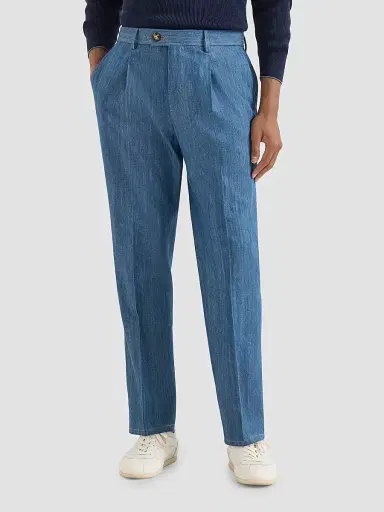 Brunello Cucinelli Men's Lightweight Denim Trousers with Double Pleats - Medium Denim | Thumbnail 2 Brunello Cucinelli Men's Lightweight Denim Trousers with Double Pleats - Medium Denim | Thumbnail 2