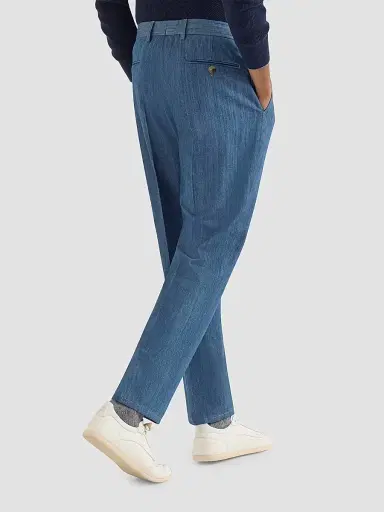 Brunello Cucinelli Men's Lightweight Denim Trousers with Double Pleats - Medium Denim | Thumbnail 3 Brunello Cucinelli Men's Lightweight Denim Trousers with Double Pleats - Medium Denim | Thumbnail 3