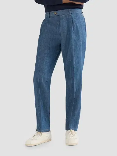 Brunello Cucinelli Men's Lightweight Denim Trousers with Double Pleats - Medium Denim | Thumbnail 4 Brunello Cucinelli Men's Lightweight Denim Trousers with Double Pleats - Medium Denim | Thumbnail 4