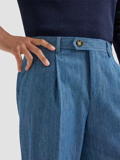 Brunello Cucinelli Men's Lightweight Denim Trousers with Double Pleats - Medium Denim | Thumbnail 5 Brunello Cucinelli Men's Lightweight Denim Trousers with Double Pleats - Medium Denim | Thumbnail 5