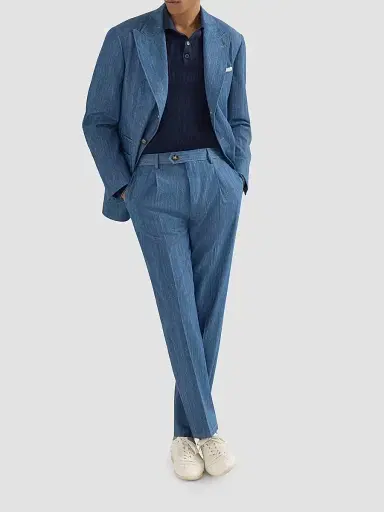 Brunello Cucinelli Men's Lightweight Denim Trousers with Double Pleats - Medium Denim | Thumbnail 6 Brunello Cucinelli Men's Lightweight Denim Trousers with Double Pleats - Medium Denim | Thumbnail 6