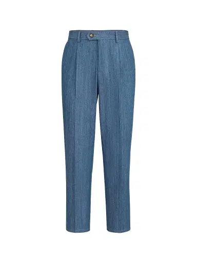 Brunello Cucinelli Men's Lightweight Denim Trousers with Double Pleats - Medium Denim | Thumbnail 1 Brunello Cucinelli Men's Lightweight Denim Trousers with Double Pleats - Medium Denim | Thumbnail 1