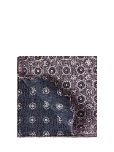 Brunello Cucinelli Men's Silk Pocket Square with Medallion Design - Blueberry | Thumbnail 1 Brunello Cucinelli Men's Silk Pocket Square with Medallion Design - Blueberry | Thumbnail 1