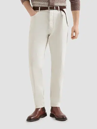 Brunello Cucinelli Men's Garment-Dyed Denim Iconic Fit Five-Pocket Jeans - White | Thumbnail 2 Brunello Cucinelli Men's Garment-Dyed Denim Iconic Fit Five-Pocket Jeans - White | Thumbnail 2