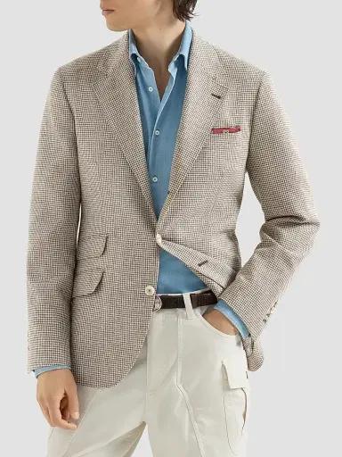 Brunello Cucinelli Men's Wool, Alpaca and Silk Houndstooth Deconstructed Cavallo Blazer - Stone Grey | Thumbnail 3 Brunello Cucinelli Men's Wool, Alpaca and Silk Houndstooth Deconstructed Cavallo Blazer - Stone Grey | Thumbnail 3