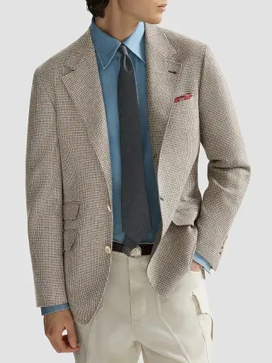 Brunello Cucinelli Men's Wool, Alpaca and Silk Houndstooth Deconstructed Cavallo Blazer - Stone Grey | Thumbnail 5 Brunello Cucinelli Men's Wool, Alpaca and Silk Houndstooth Deconstructed Cavallo Blazer - Stone Grey | Thumbnail 5