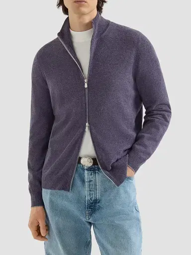 Brunello Cucinelli Men's Cashmere High-Neck Cardigan with Zipper - Purple | Thumbnail 3 Brunello Cucinelli Men's Cashmere High-Neck Cardigan with Zipper - Purple | Thumbnail 3