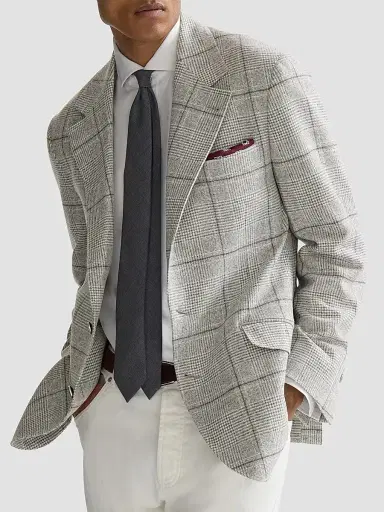 Brunello Cucinelli Men's Prince of Wales Flannel Deconstructed Cavallo Blazer - Grey | Thumbnail 3 Brunello Cucinelli Men's Prince of Wales Flannel Deconstructed Cavallo Blazer - Grey | Thumbnail 3