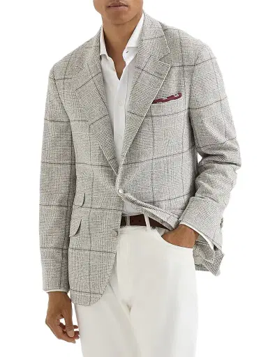 Brunello Cucinelli Men's Prince of Wales Flannel Deconstructed Cavallo Blazer - Grey | Thumbnail 1 Brunello Cucinelli Men's Prince of Wales Flannel Deconstructed Cavallo Blazer - Grey | Thumbnail 1