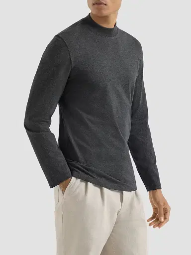 Brunello Cucinelli Men's Cotton Jersey Long Sleeve Mock Neck T-Shirt - Anthracite | Thumbnail 2 Brunello Cucinelli Men's Cotton Jersey Long Sleeve Mock Neck T-Shirt - Anthracite | Thumbnail 2