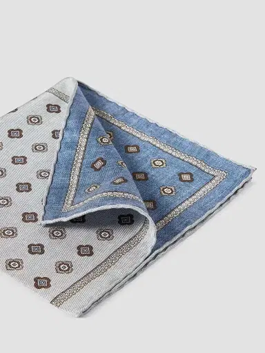 Brunello Cucinelli Men's Silk Pocket Square with Medallion Design - Grey | Thumbnail 2 Brunello Cucinelli Men's Silk Pocket Square with Medallion Design - Grey | Thumbnail 2