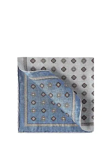 Brunello Cucinelli Men's Silk Pocket Square with Medallion Design - Grey | Thumbnail 1 Brunello Cucinelli Men's Silk Pocket Square with Medallion Design - Grey | Thumbnail 1