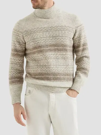 Brunello Cucinelli Men's Alpaca, Cashmere and Wool Nordic Jacquard Turtleneck Sweater - Chestnut - Size 44 | Thumbnail 3 Brunello Cucinelli Men's Alpaca, Cashmere and Wool Nordic Jacquard Turtleneck Sweater - Chestnut - Size 44 | Thumbnail 3