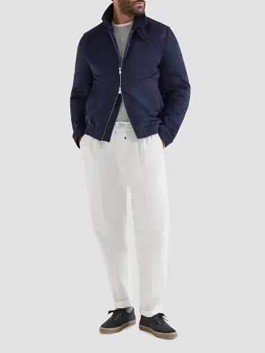 Brunello Cucinelli Men's Cotton Gabardine Trousers with Drawstring and Double Pleats - Snow | Thumbnail 2 Brunello Cucinelli Men's Cotton Gabardine Trousers with Drawstring and Double Pleats - Snow | Thumbnail 2