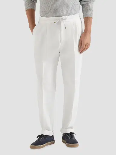 Brunello Cucinelli Men's Cotton Gabardine Trousers with Drawstring and Double Pleats - Snow | Thumbnail 3 Brunello Cucinelli Men's Cotton Gabardine Trousers with Drawstring and Double Pleats - Snow | Thumbnail 3