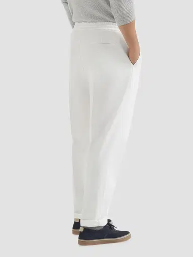 Brunello Cucinelli Men's Cotton Gabardine Trousers with Drawstring and Double Pleats - Snow | Thumbnail 4 Brunello Cucinelli Men's Cotton Gabardine Trousers with Drawstring and Double Pleats - Snow | Thumbnail 4