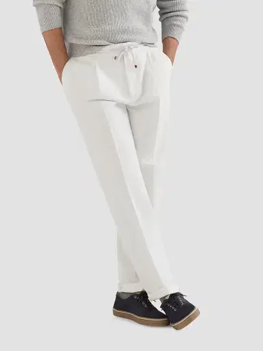 Brunello Cucinelli Men's Cotton Gabardine Trousers with Drawstring and Double Pleats - Snow | Thumbnail 5 Brunello Cucinelli Men's Cotton Gabardine Trousers with Drawstring and Double Pleats - Snow | Thumbnail 5