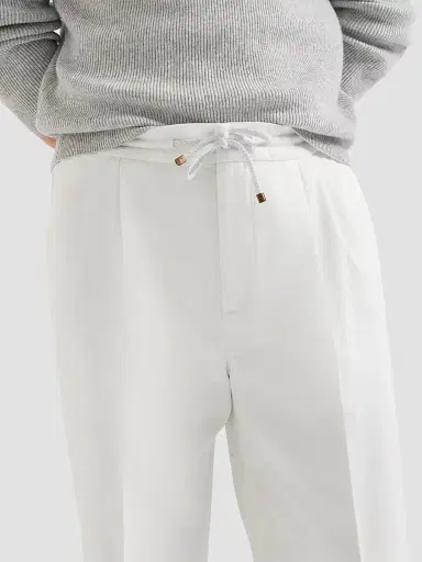 Brunello Cucinelli Men's Cotton Gabardine Trousers with Drawstring and Double Pleats - Snow | Thumbnail 6 Brunello Cucinelli Men's Cotton Gabardine Trousers with Drawstring and Double Pleats - Snow | Thumbnail 6