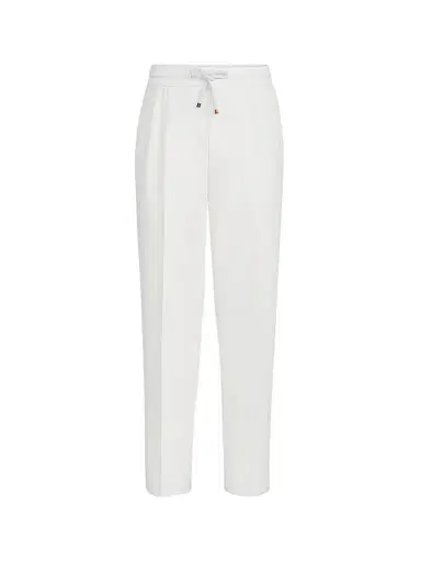 Brunello Cucinelli Men's Cotton Gabardine Trousers with Drawstring and Double Pleats - Snow | Thumbnail 1 Brunello Cucinelli Men's Cotton Gabardine Trousers with Drawstring and Double Pleats - Snow | Thumbnail 1