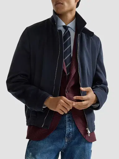 Brunello Cucinelli Men's Virgin Wool Beaver Cloth Bomber Jacket with Zipper - Navy Blue - Size 50 | Thumbnail 4 Brunello Cucinelli Men's Virgin Wool Beaver Cloth Bomber Jacket with Zipper - Navy Blue - Size 50 | Thumbnail 4