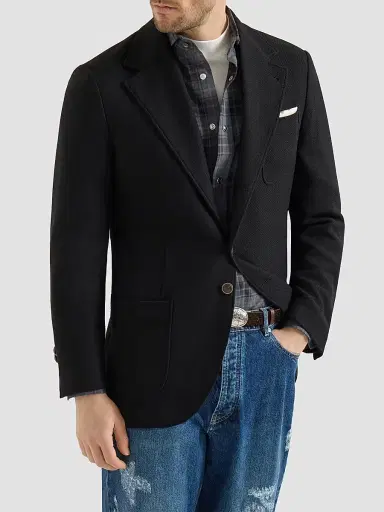 Brunello Cucinelli Men's Cashmere Panama Deconstructed Blazer with Patch Pockets - Black | Thumbnail 2 Brunello Cucinelli Men's Cashmere Panama Deconstructed Blazer with Patch Pockets - Black | Thumbnail 2