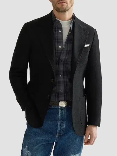 Brunello Cucinelli Men's Cashmere Panama Deconstructed Blazer with Patch Pockets - Black | Thumbnail 4 Brunello Cucinelli Men's Cashmere Panama Deconstructed Blazer with Patch Pockets - Black | Thumbnail 4