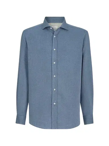 Brunello Cucinelli Men's Cotton and Cashmere Denim-Effect Diagonal Shirt - Denim - Size XXXXL | Thumbnail 1 Brunello Cucinelli Men's Cotton and Cashmere Denim-Effect Diagonal Shirt - Denim - Size XXXXL | Thumbnail 1
