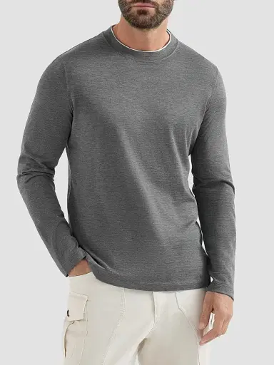 Brunello Cucinelli Men's Silk and Cotton Lightweight Jersey Long Sleeve Crewneck T-Shirt - Grey | Thumbnail 3 Brunello Cucinelli Men's Silk and Cotton Lightweight Jersey Long Sleeve Crewneck T-Shirt - Grey | Thumbnail 3