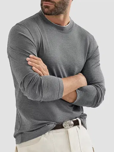 Brunello Cucinelli Men's Silk and Cotton Lightweight Jersey Long Sleeve Crewneck T-Shirt - Grey | Thumbnail 5 Brunello Cucinelli Men's Silk and Cotton Lightweight Jersey Long Sleeve Crewneck T-Shirt - Grey | Thumbnail 5