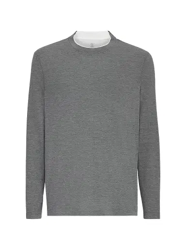 Brunello Cucinelli Men's Silk and Cotton Lightweight Jersey Long Sleeve Crewneck T-Shirt - Grey | Thumbnail 1 Brunello Cucinelli Men's Silk and Cotton Lightweight Jersey Long Sleeve Crewneck T-Shirt - Grey | Thumbnail 1