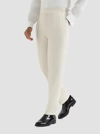 Brunello Cucinelli Men's Cotton Narrow Wale Corduroy Tuxedo Trousers with Double Pleats - Milk | Thumbnail 2 Brunello Cucinelli Men's Cotton Narrow Wale Corduroy Tuxedo Trousers with Double Pleats - Milk | Thumbnail 2