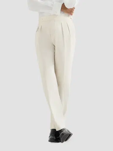 Brunello Cucinelli Men's Cotton Narrow Wale Corduroy Tuxedo Trousers with Double Pleats - Milk | Thumbnail 4 Brunello Cucinelli Men's Cotton Narrow Wale Corduroy Tuxedo Trousers with Double Pleats - Milk | Thumbnail 4